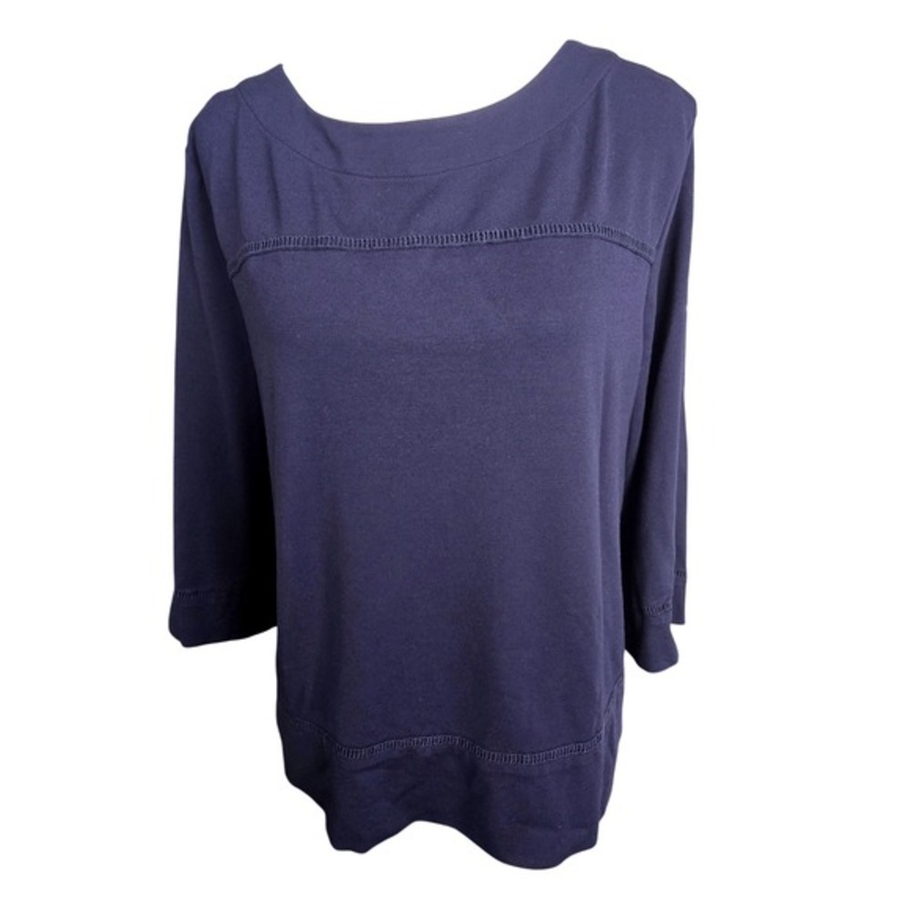 Chico's Navy Blue Boat Neck 3/4‎ Sleeve Ladder Stitch Knit Top Size 2 Large